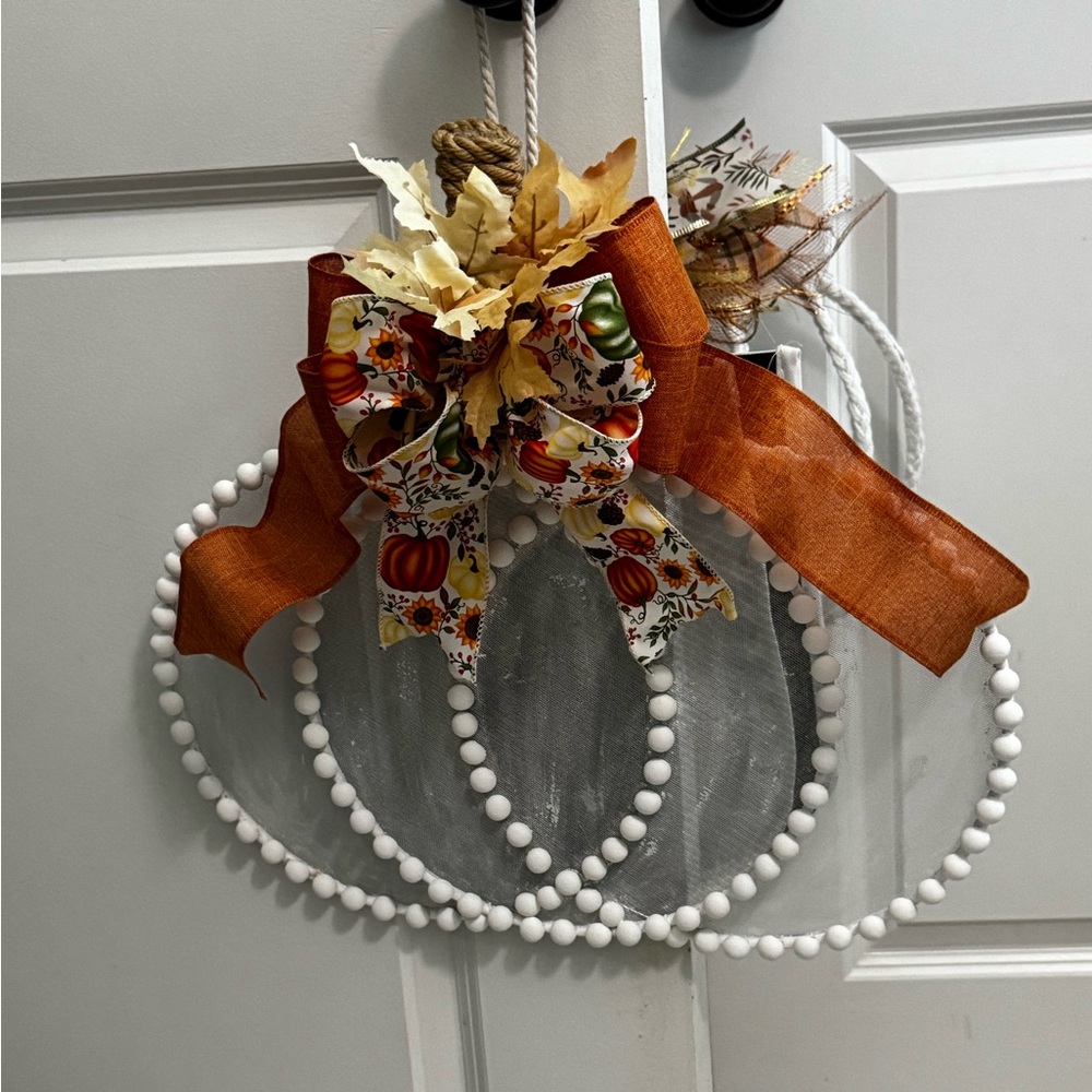 Festive Pumpkin Door Wreath with Orange and White Accents